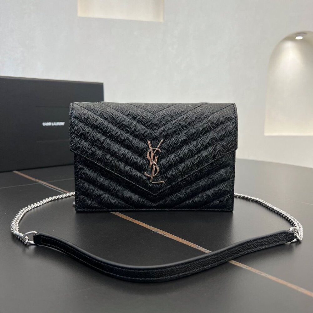 Saint Laurent Black Quilted Leather Chain Crossbody Bag with Silver YSL
